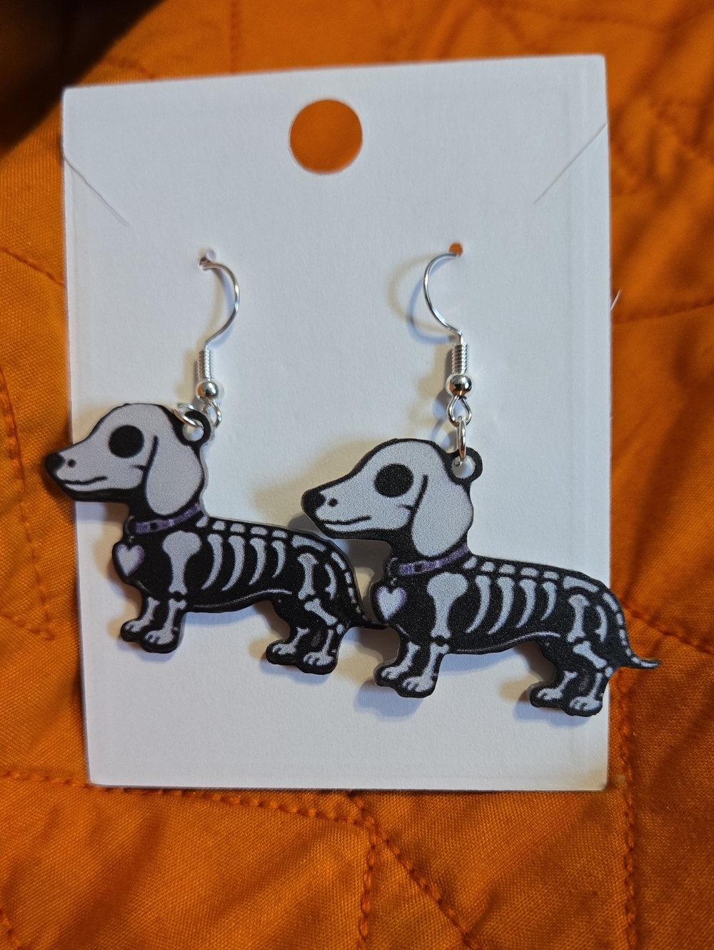 Black & White Dachshund Skeleton Dog Earrings